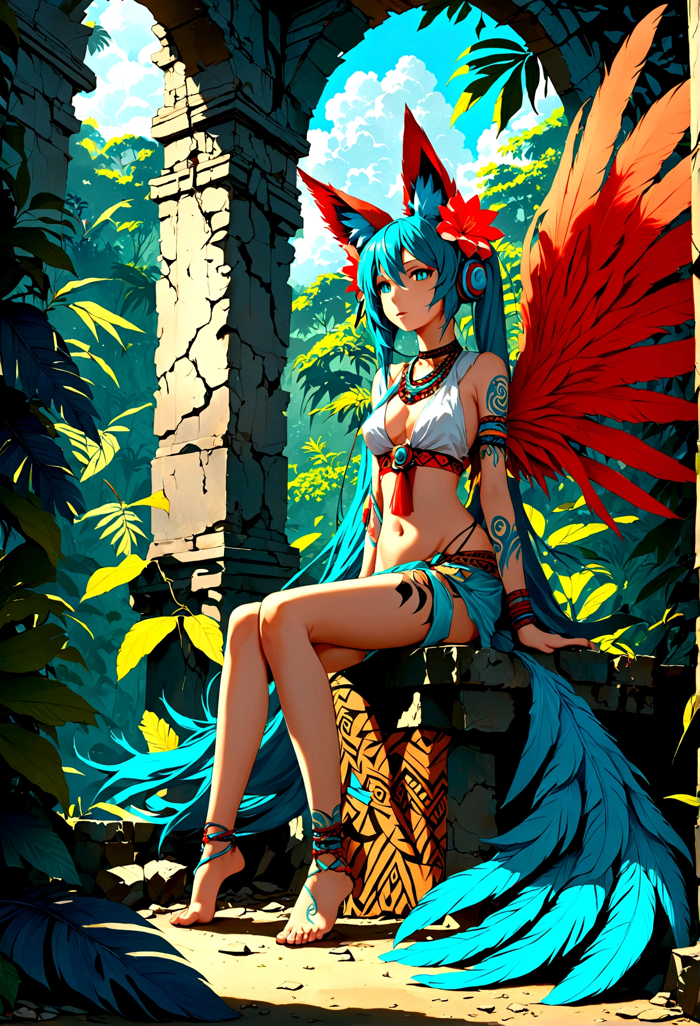 Miku Hatsune, adicionar alta definição adicionar_detalhe:1, pele azul,orelhas kitsune, tatuagem tribal adicionar_detalhe:1, em ruínas na selva, pés descalços, traje tribal adicionar_detalhes:1, asas gigantes de penas aquáticas adicionar_detalhesl:1 ,alas hermosas la mejor calidad y detalhe en las plumas, adicione luz de saturação azul_detalhesl 