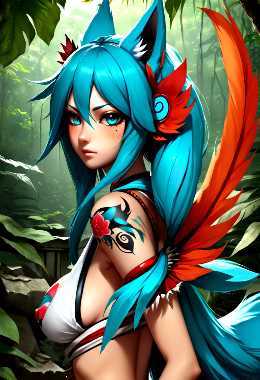 Miku Hatsune&#39;é kitsune, 9 caudas vagabunda adicionar alta definição adicionar_detalhe:1, pele azul,orelhas kitsune, tatuagem tribal adicionar_detalhe:1, em ruínas na selva, pés descalços, traje tribal adicionar_detalhes:1, asas gigantes de penas aquáticas adicionar_detalhesl:1 ,alas hermosas la mejor calidad y detalhe en las plumas, adicione luz de saturação azul_detalhesl 