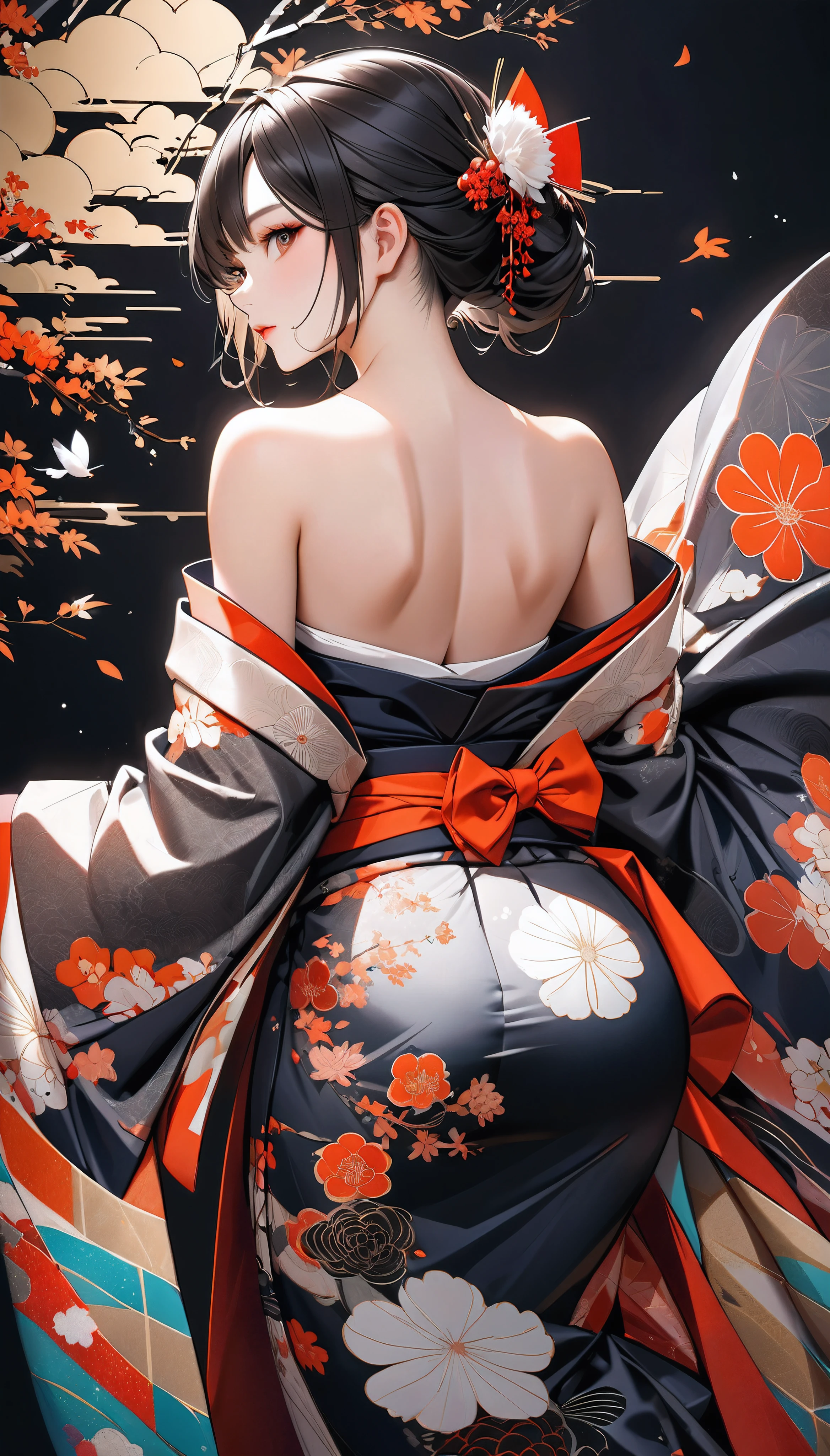 Mujer atractiva en kimono japonés tradicional, alone, Quimono sin tirantes y con hombros descubiertos, Cabello negro castaño oscuro, Textura de piel detallada y realista., Tonos de piel atractivos de alto contraste., Maquillaje suave y cautivador, BREAK Kimono japonés de lujo, Textura de seda detallada, Brillo de seda, Fino y flexible, Colores vibrantes, Tensión de la piel que acentúa el escote., BREAK Preciosos patrones en kimonos, Coloración detallada e intrincada., Alto contraste estético, piel saludable, BREAK Una composición atrevida que seduce al espectador, Estética absurda, Disparo de cuerpo entero BREAK, parte de atrás de la cabeza, 