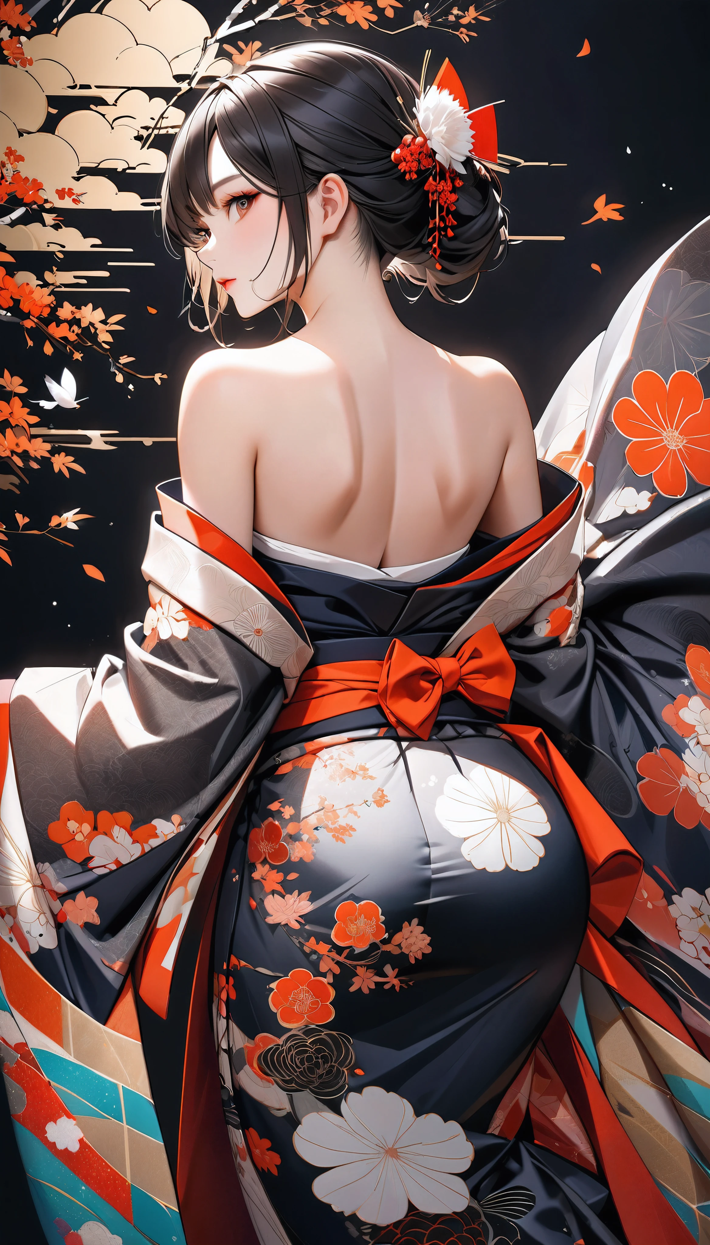 Jolie femme en kimono japonais traditionnel, seul, Kimono sans bretelles à épaules dénudées, Cheveux noirs brunâtres foncés, Texture de peau détaillée et réaliste, Tons de peau attrayants à contraste élevé, Un maquillage doux et captivant, BREAK Kimono japonais de luxe, texture de soie détaillée, Lustre de soie, Fin et souple, couleurs vives, Des tensions cutanées qui accentuent le décolleté, BREAK De superbes motifs sur les kimonos, Coloration détaillée et complexe, Esthétique à contraste élevé, Peau saine, BREAK Une composition audacieuse qui séduit le spectateur, Esthétique absurde, BREAK, photo de tout le corps, Arrière de la tête, 