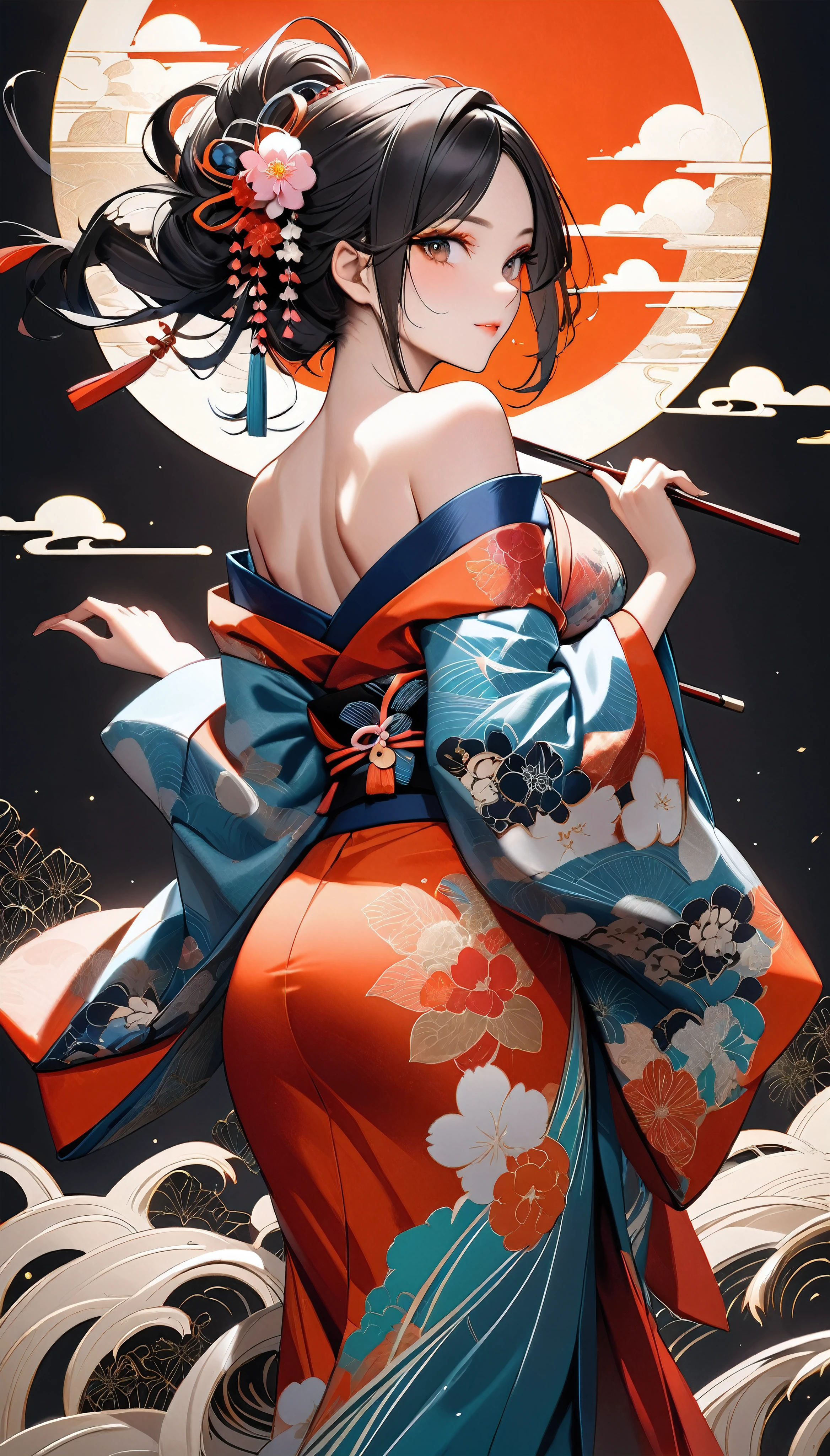 Sexy back, Mujer atractiva en kimono japonés tradicional, alone, Quimono sin tirantes y con hombros descubiertos, Cabello negro castaño oscuro, Textura de piel detallada y realista., Tonos de piel atractivos de alto contraste., Maquillaje suave y cautivador, BREAK Kimono japonés de lujo, Textura de seda detallada, Brillo de seda, Fino y flexible, Colores vibrantes, Tensión de la piel que acentúa el escote., BREAK Preciosos patrones en kimonos, Coloración detallada e intrincada., Alto contraste estético, piel saludable, BREAK Una composición atrevida que seduce al espectador, Estética absurda, Disparo de cuerpo entero BREAK, 