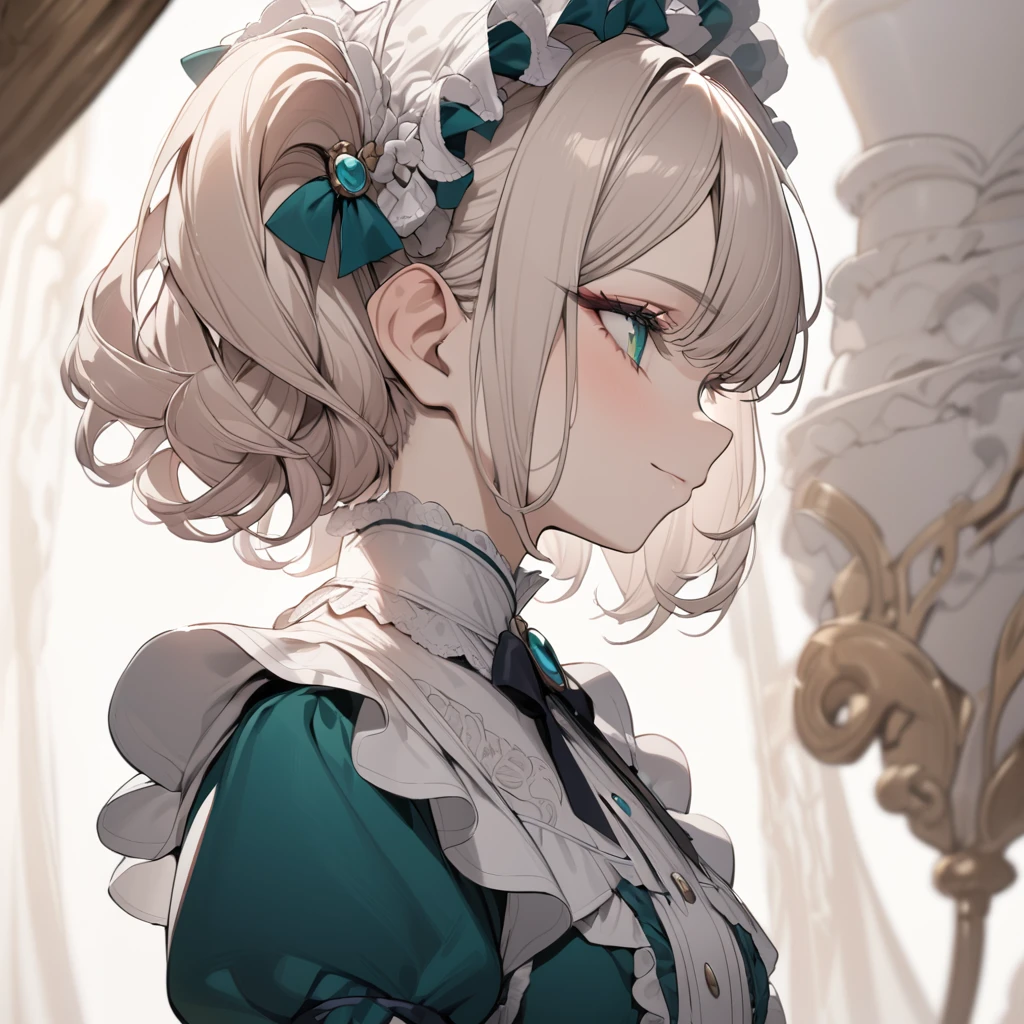 Platinum Blonde hair,curls,(emerald green eyes),long eyelashes,(light pink victorian dress),puffy short sleeves,frilled dress,frilly wide brimmed Bonnet with bows,bustshot,masterpiece,highress,soft smile,bishoujo,peterpan collar,profile,white accents,white trim,white frills,curly side ponytail,short hair,