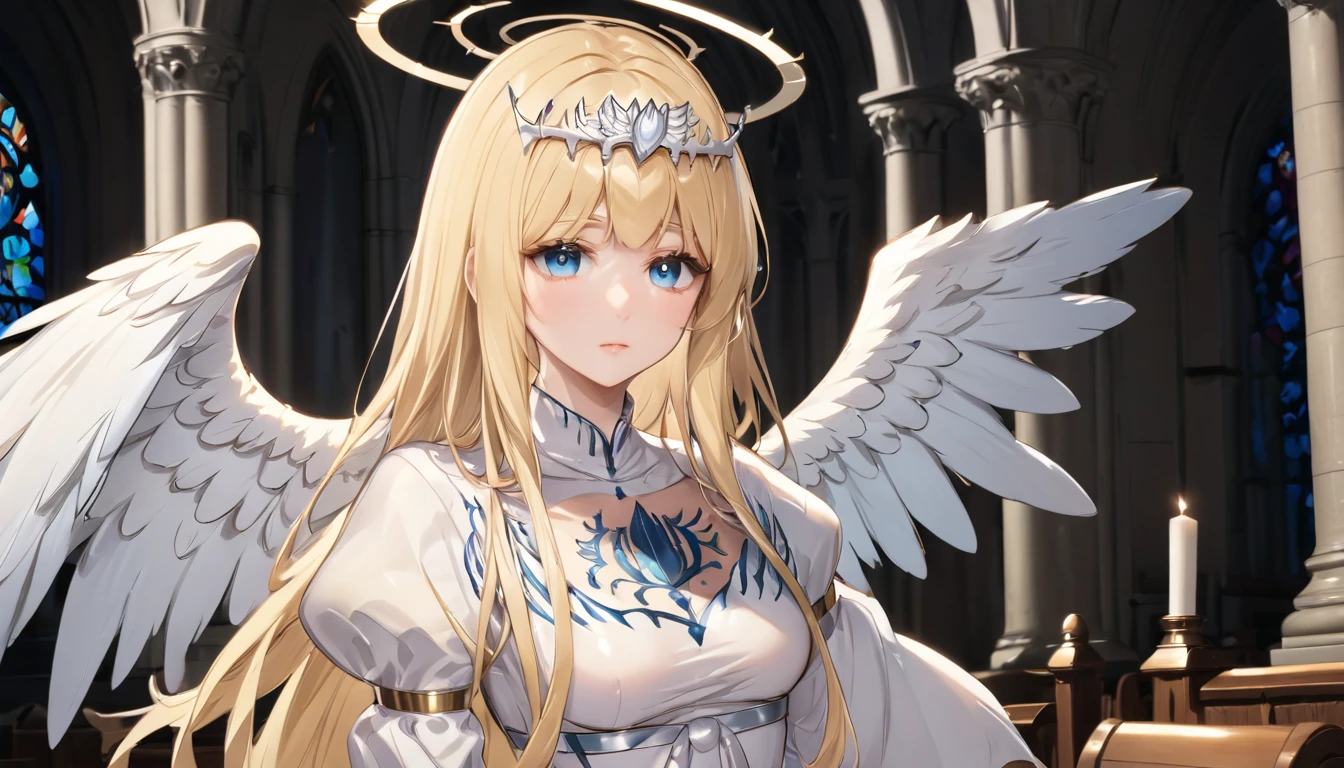 masterpiece,ultra-detailed,best quality,8K,illustration,simple background,,clean skin ,shiny hair,girl,ultra-detailed-eyes, jyojifuku, pajamas,wool,  1angel,solo, calca, blonde hair, ,( extremely long hair:1.3), very long hair, extra long hair, white tiara, white dress, blue eyes,Calca Bessarez, medium breast,Calca, indoor, church, cathedral, stained glass, close up, upper body, very large white wings, angel feature wings, halo