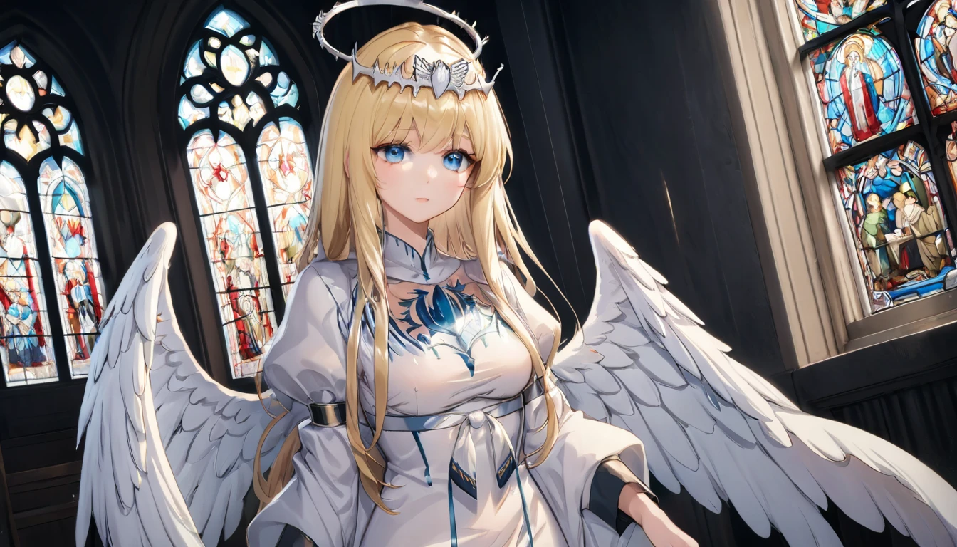 masterpiece,ultra-detailed,best quality,8K,illustration,simple background,,clean skin ,shiny hair,girl,ultra-detailed-eyes, jyojifuku, pajamas,wool,  1angel,solo, calca, blonde hair, ,( extremely long hair:1.3), very long hair, extra long hair, white tiara, white dress, blue eyes,Calca Bessarez, medium breast,Calca, indoor, church, cathedral, stained glass, close up, upper body, very large white wings, angel feature wings, halo