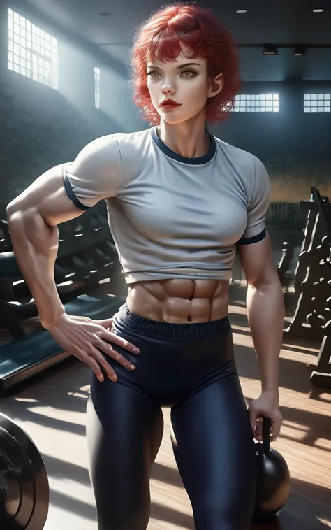 a beautiful anime girl with short red hair, striking yellow eyes, a toned six pack body, wearing a tight white gym outfit, posin...