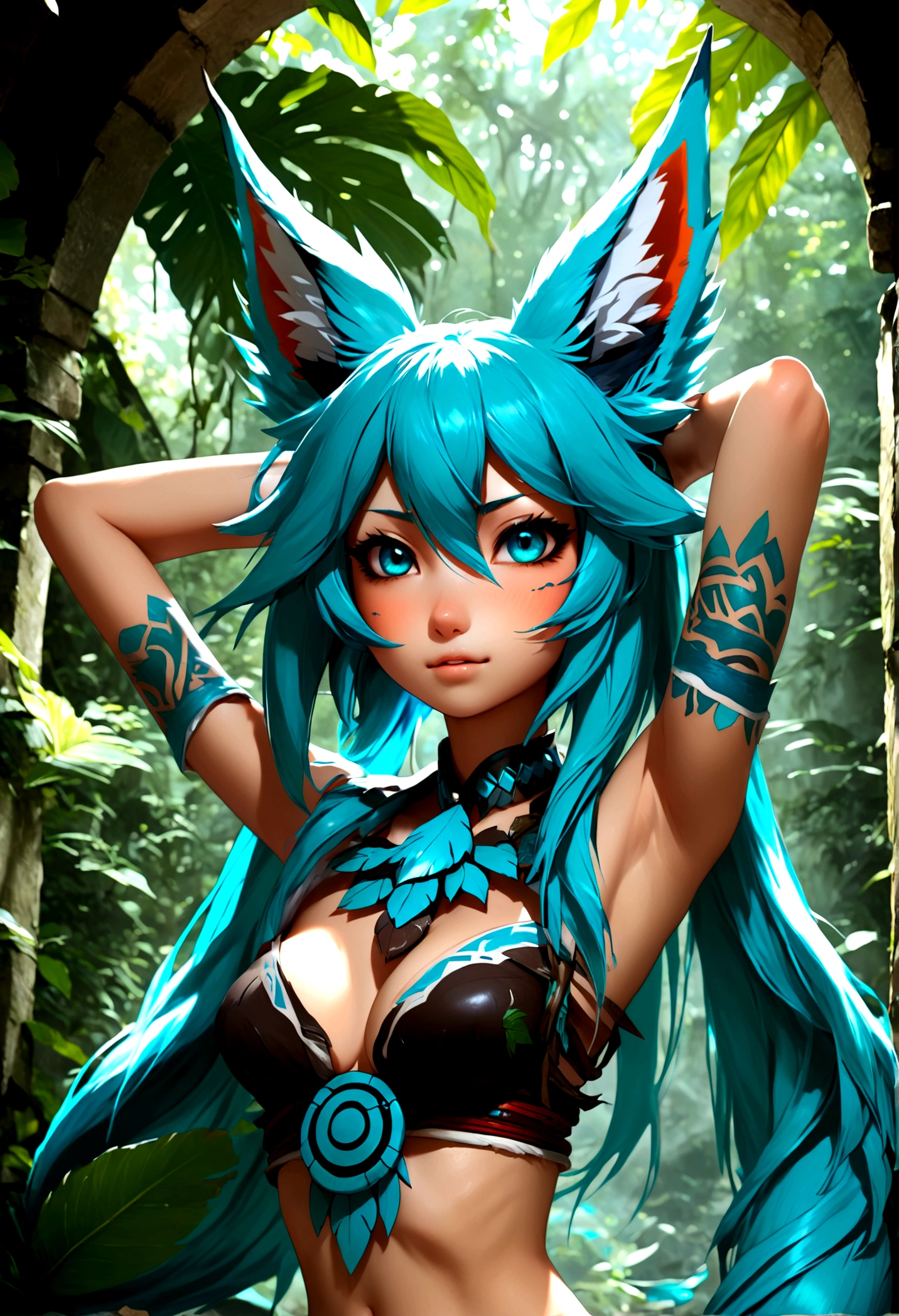 Miku Hatsune, añadir alta definición añadir_detalle:1, pelaje azul,Orejas de Kitsune, tatuaje tribal agregar_detalle:1, En unas ruinas en la jungla, descalzo, Añadir disfraz tribal_detalles:1, Alas gigantes de plumas de aguamarina agregadas_detallesl:1 ,alas hermosas la mejor calidad y detalle en las plumas, añadir luz de saturación azul_detallesl, sensual pose