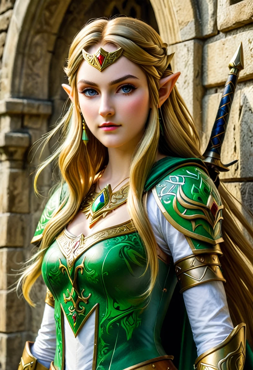 a masterpiece graffiti art of Princess Zelda on the wall of a castle, ,Princess Zelda (intense details, Masterpiece, best quality: 1.5), ultra detailed face, ultra feminine, fair skin, exquisite beauty, gold hair, long hair, wavy hair, small pointed ears, dynamic eyes color, wearing heavy green and white armor, shinning metal, armed with elven sword, ais-graffiti