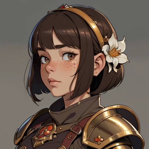 (masterpiece), (best quality),(portrait),(bust up),1girl,solo,(sharp focus),(look at viewer),(hime cut),dwarf girl,dwarf,bob cut, brown hair,fat ,ancient luxurious long clothes,armor,(simple background),old school fantasy art,super shiny face,Ultra Glossy Skin,flower hair accessory,freckle