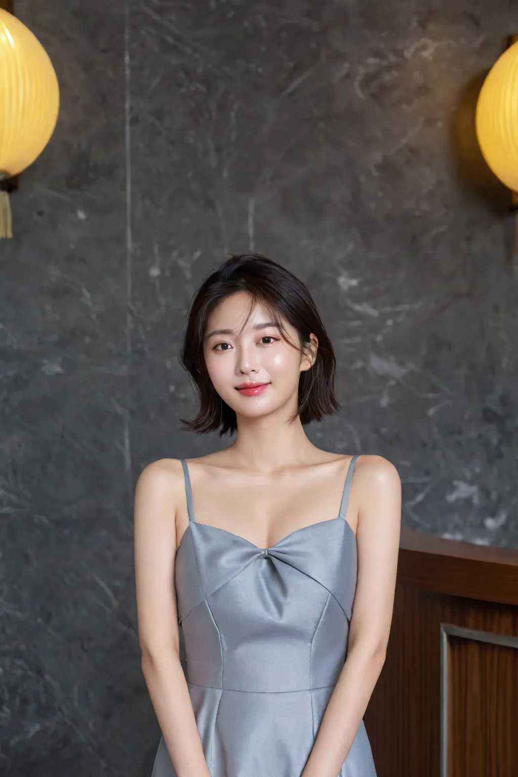 beautiful korean girl , 32 inch chest size, Your eyes are big and pretty. standing in the hotel lobby . short medium hair, completely covers the chest. laugh, uhd