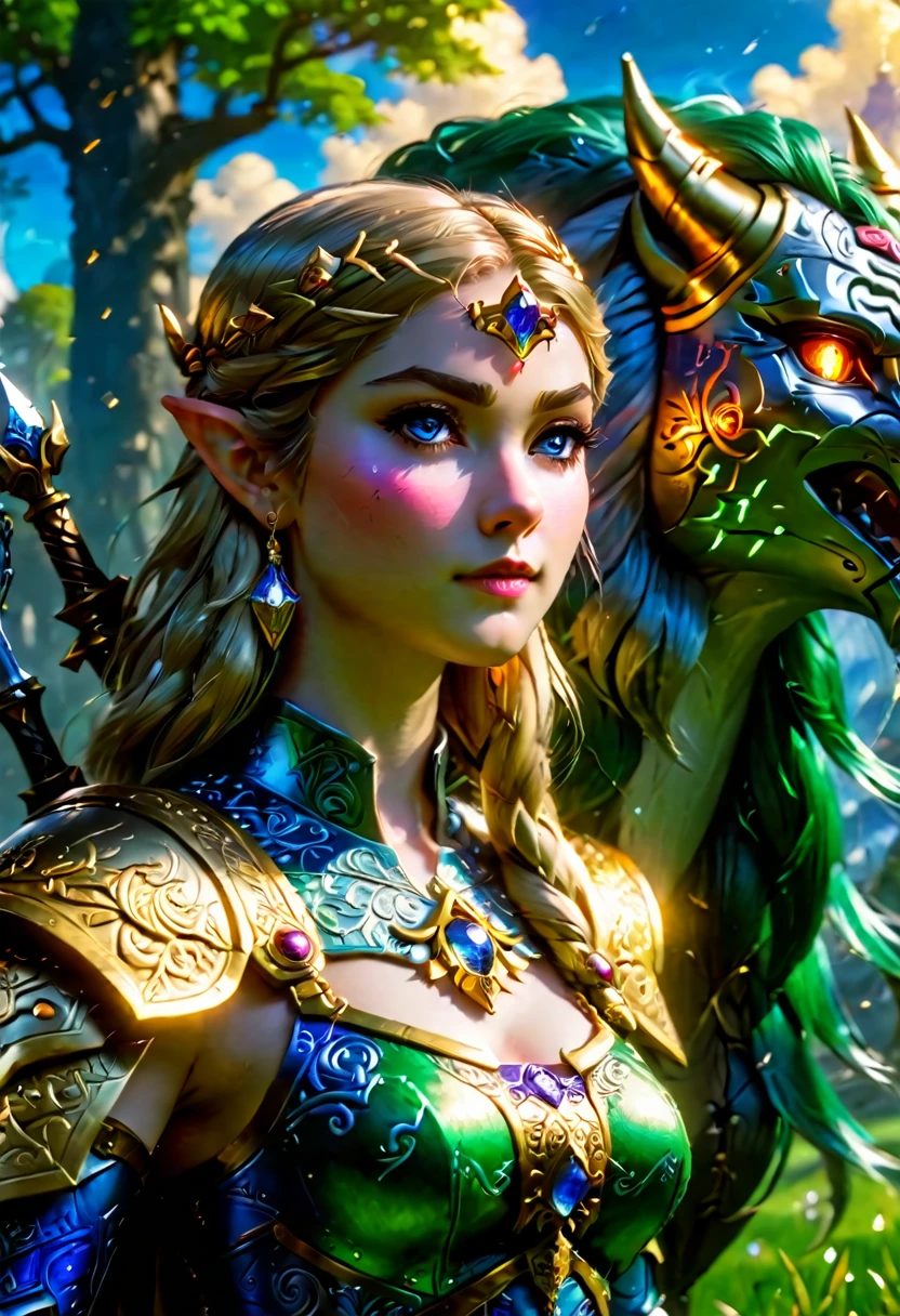 high details, best quality, 16k, [ultra detailed], masterpiece, best quality, (extremely detailed), full body, ultra wide shot, photorealistic, , fantasy art, dnd art, rpg art, realistic art, a wide angle, (((anatomically correct))) a wallpaper of an Princess Zelda, ready for battle with her mount (intense details, Masterpiece, best quality: 1.5),Princess Zelda (intense details, Masterpiece, best quality: 1.5), ultra detailed face, ultra feminine, fair skin, exquisite beauty, gold hair, long hair, wavy hair, small pointed ears, dynamic eyes color, wearing heavy mech armor, shinning metal, armed with elven sword, green meadows, blue skies background and some clouds background depth of field (intricate details, Masterpiece, best quality: 1.5), full body (intricate details, Masterpiece, best quality: 1.5), high details, best quality, highres, ultra wide angle, Mechanical Creatures