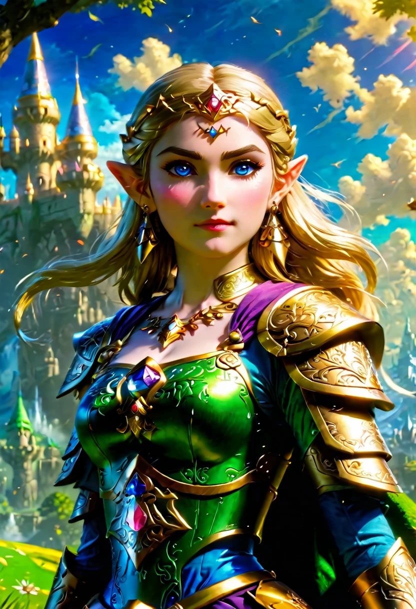 high details, best quality, 16k, [ultra detailed], masterpiece, best quality, (extremely detailed), full body, ultra wide shot, photorealistic, , fantasy art, dnd art, rpg art, realistic art, a wide angle, (((anatomically correct))) a wallpaper of an Princess Zelda, ready for battle with her mount (intense details, Masterpiece, best quality: 1.5),Princess Zelda (intense details, Masterpiece, best quality: 1.5), ultra detailed face, ultra feminine, fair skin, exquisite beauty, gold hair, long hair, wavy hair, small pointed ears, dynamic eyes color, wearing heavy mech armor, shinning metal, armed with elven sword, green meadows, blue skies background and some clouds background depth of field (intricate details, Masterpiece, best quality: 1.5), full body (intricate details, Masterpiece, best quality: 1.5), high details, best quality, highres, ultra wide angle, Mechanical Creatures