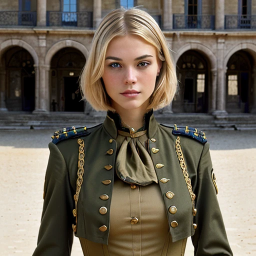 Un primer plano de una mujer delgada, flaco, una mujer rubia muy delgada con una expresión seria y un pelo muy corto tipo página (con un corte de pelo por encima de los hombros) con un uniforme militar steampunk oliva con botones dorados y vistiendo una boina verde oliva, y de pie frente a un antiguo palacio victoriano steampunk en verano.