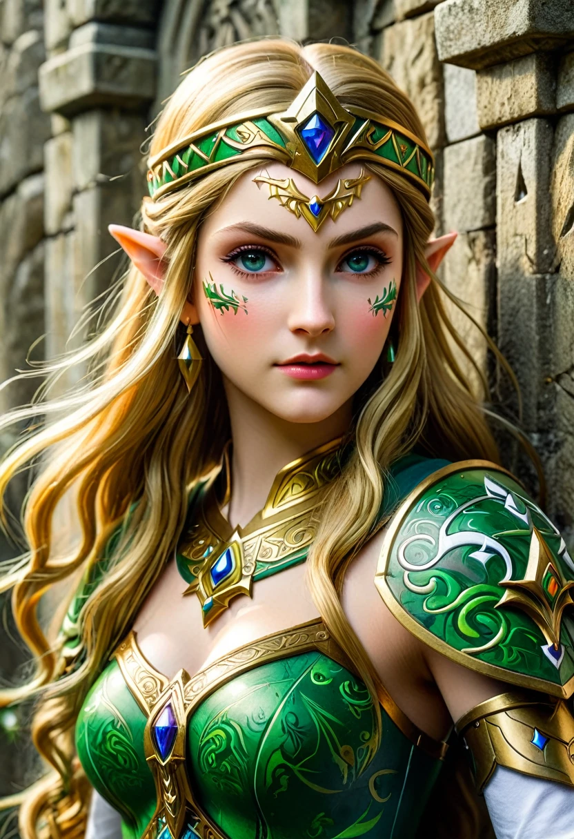 uma obra-prima de grafite artístico da Princesa Zelda na parede de um castelo, ,Princess Zelda (detalhes intensos, obra de arte, melhor qualidade: 1.5), rosto ultra detalhado, ultra feminine, Pele clara, beleza requintada, cabelo dourado, cabelo longo, Cabelo ondulado, pequenas orelhas pontudas, cor dinâmica dos olhos, vestindo armadura pesada verde e branca, metal brilhante, Armado com Espada Élfica, ais-graffiti