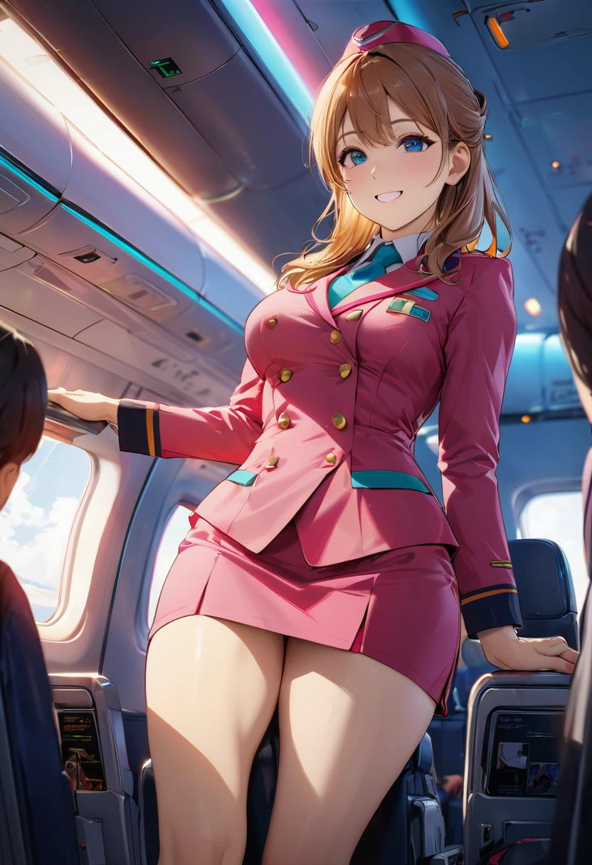 masterpiece,Highest quality,Super detailed,8K,Ultra-fine illustrations,Very exquisite beautiful face and eyes,Perfect Anatomy,Professional Lighting,1 flight attendant,Miniskirt and boots uniform,Orange and pink dress,smile,Airplane interior,Dynamic Angle,Depth of written boundary,Chromatic_aberration,masterpiece,Highest quality,so beautiful,Absurd,up to date,