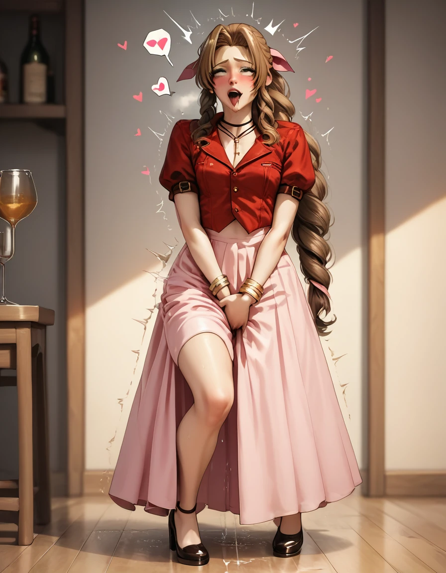 (best quality), (very aesthetic), (ultra-detailed), (best illustration),Aerith in a long skirt,Trembling with pleasure,Masturbating while standing,Inner thighs,Being drunk,Ahegao,heart,full body