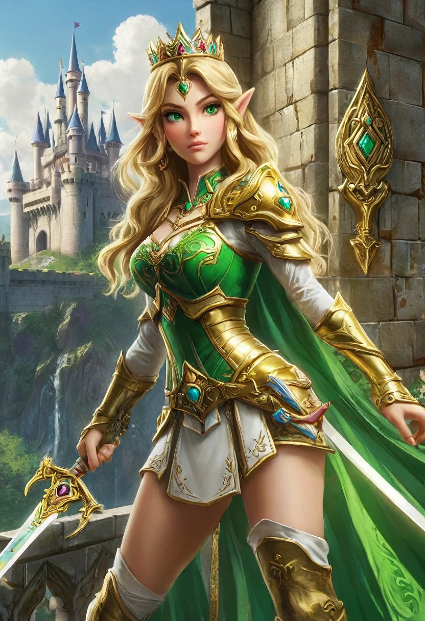 a masterpiece graffiti art paint of Princess Zelda on the wall of a castle, ,Princess Zelda (intense details, Masterpiece, best quality: 1.5), ultra detailed face, ultra feminine, fair skin, exquisite beauty, gold hair, long hair, wavy hair, small pointed ears, dynamic eyes color, wearing heavy green and white armor, shinning metal, armed with elven sword, ais-graffiti, chumbasket art style