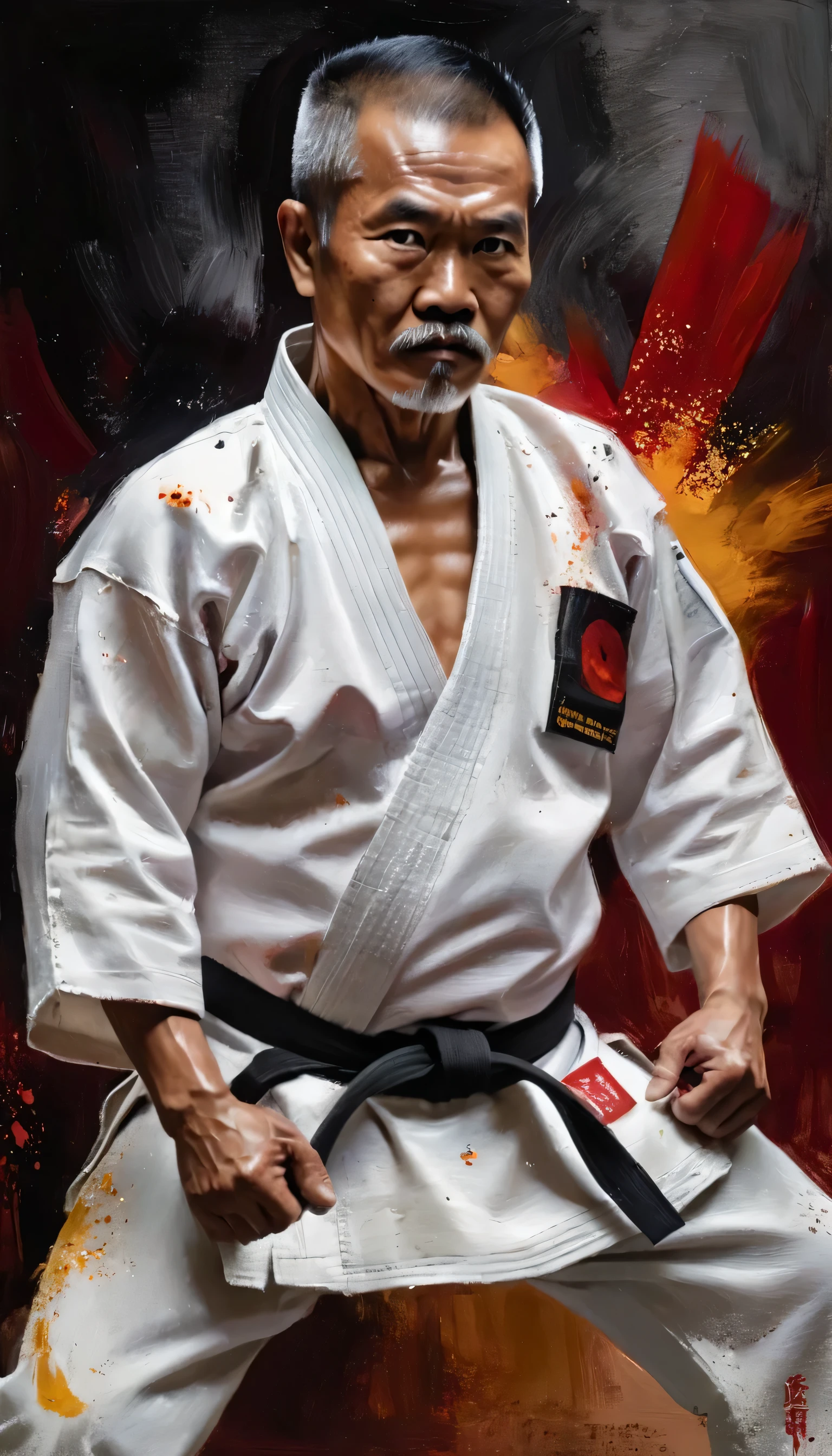 a 60-year-old Indonesian man with Western heritage, he is a skilled martial artist, charismatic, driven with enthusiasm, enchanting, planes, Top-notch budo master with his own distinctive style, performing kata with explosive force, wearing a white kimono, work of art, 8K, hyper detailled, dough painting, rough brush stroke, palette knife painting, visible screen texture, perfect hands