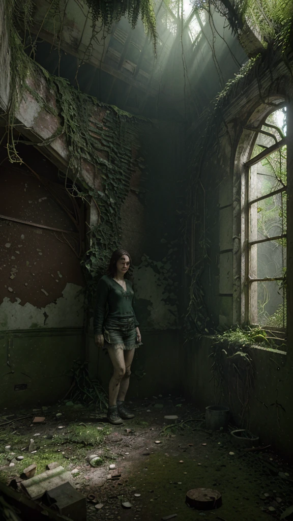 a lonely abandoned mina, overgrown with vines and moss, sunlight filtering through the crumbling walls, eerie atmosphere, detailed gritty textures, sense of decay and forgotten history, (best quality,8k,highres,masterpiece:1.2),ultra-detailed,(realistic,photorealistic,photo-realistic:1.37),dramatic lighting,moody colors,cinematic composition