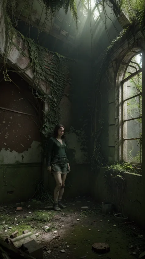 a lonely abandoned mina, overgrown with vines and moss, sunlight filtering through the crumbling walls, eerie atmosphere, detail...