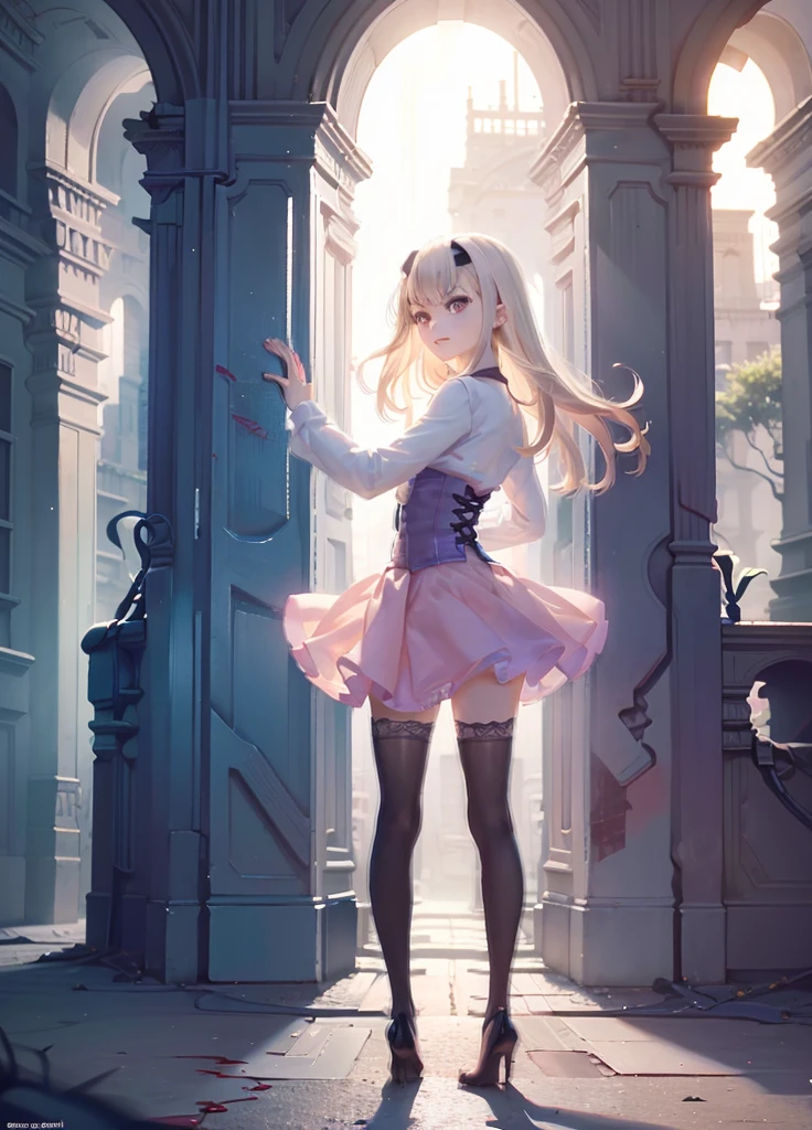 ((absurdres)), hd, uhd, (((HDR))), ((best quality)), (ultra high quality), (hi-res), realistic, ((1girl)), solo, alone, melusine, (blood orange eyes), (long white hair), sidelocks, (forked eyebrows), ((light purple dress)), dress, ((small breasts)), (((corset))), frills, long sleeves, white thighhighs, zettai ryouiki, ((looking at viewer)), ((dynamic pose)), hips tilted, leg behind, arm out, lean, fairy forest city, outside, forest city buildings, sidewalk, cobblestone, trees, daytime, additional lighting, sunlight on face, noon, bright sun, forest scenery, doortoinfinity, (five fingers), ((full body)), turning, leaning against a column, spine bent, hips twisted,