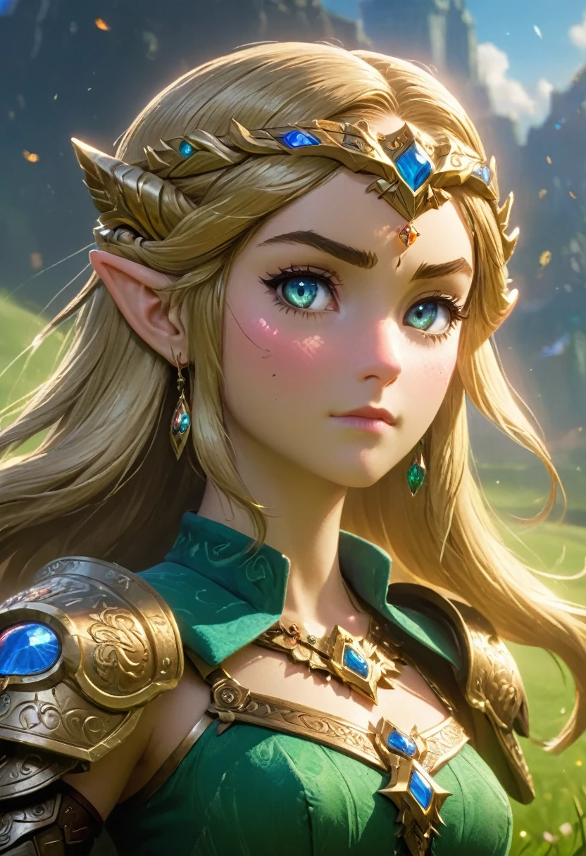 high details, best quality, 16k, [ultra detailed], masterpiece, best quality, (extremely detailed), full body, ultra wide shot, photorealistic, , fantasy art, dnd art, rpg art, realistic art, a wide angle, (((anatomically correct))) a wallpaper of an Princess Zelda, ready for battle with her mount (intense details, Masterpiece, best quality: 1.5),Princess Zelda (intense details, Masterpiece, best quality: 1.5), ultra detailed face, ultra feminine, fair skin, exquisite beauty, gold hair, long hair, wavy hair, small pointed ears, dynamic eyes color, wearing heavy mech armor, shinning metal, armed with elven sword, green meadows, blue skies background and some clouds background depth of field (intricate details, Masterpiece, best quality: 1.5), full body (intricate details, Masterpiece, best quality: 1.5), high details, best quality, highres, ultra wide angle, Mechanical Creatures