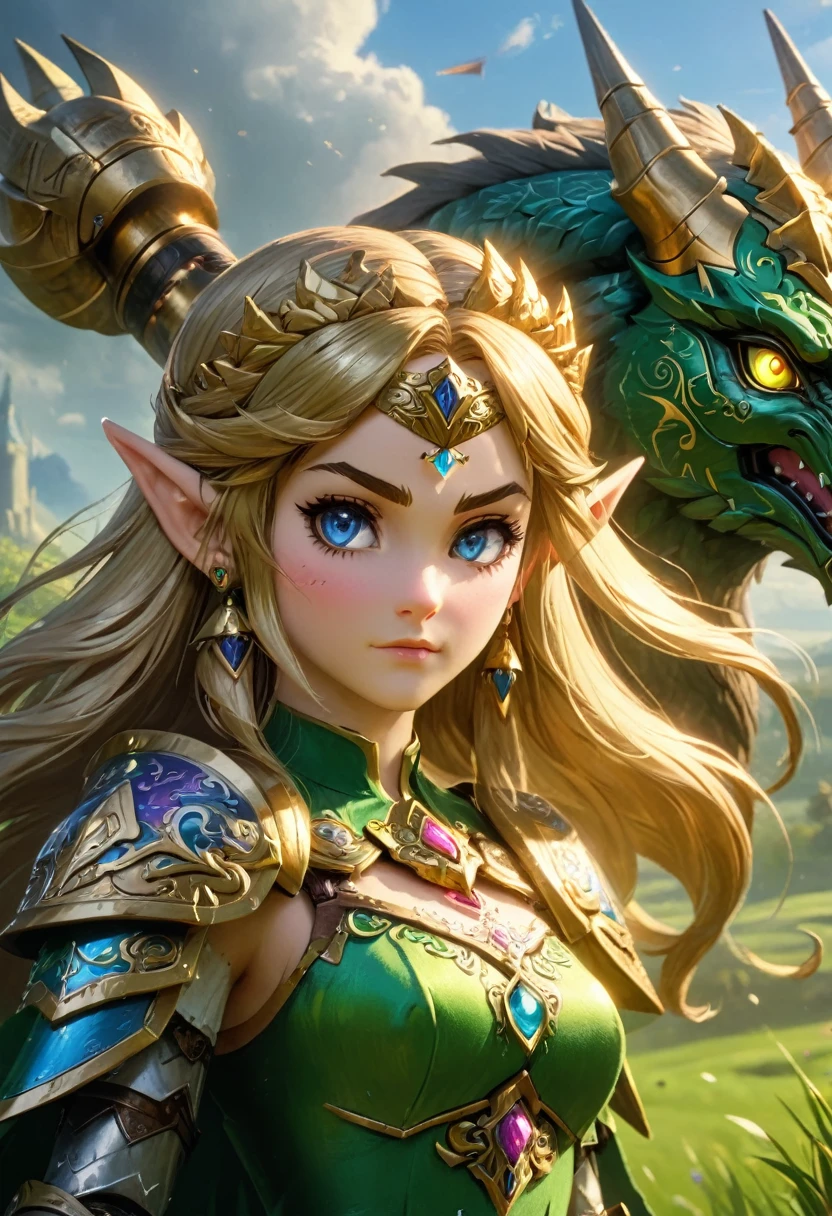 high details, best quality, 16k, [ultra detailed], masterpiece, best quality, (extremely detailed), full body, ultra wide shot, photorealistic, , fantasy art, dnd art, rpg art, realistic art, a wide angle, (((anatomically correct))) a wallpaper of an Princess Zelda, ready for battle with her mount (intense details, Masterpiece, best quality: 1.5),Princess Zelda (intense details, Masterpiece, best quality: 1.5), ultra detailed face, ultra feminine, fair skin, exquisite beauty, gold hair, long hair, wavy hair, small pointed ears, dynamic eyes color, wearing heavy mech armor, shinning metal, armed with elven sword, green meadows, blue skies background and some clouds background depth of field (intricate details, Masterpiece, best quality: 1.5), full body (intricate details, Masterpiece, best quality: 1.5), high details, best quality, highres, ultra wide angle, Mechanical Creatures