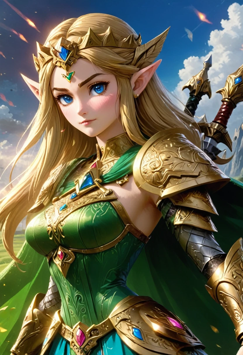 high details, best quality, 16k, [ultra detailed], masterpiece, best quality, (extremely detailed), full body, ultra wide shot, photorealistic, , fantasy art, dnd art, rpg art, realistic art, a wide angle, (((anatomically correct))) a wallpaper of an Princess Zelda, ready for battle with her mount (intense details, Masterpiece, best quality: 1.5),Princess Zelda (intense details, Masterpiece, best quality: 1.5), ultra detailed face, ultra feminine, fair skin, exquisite beauty, gold hair, long hair, wavy hair, small pointed ears, dynamic eyes color, wearing heavy mech armor, shinning metal, armed with elven sword, green meadows, blue skies background and some clouds background depth of field (intricate details, Masterpiece, best quality: 1.5), full body (intricate details, Masterpiece, best quality: 1.5), high details, best quality, highres, ultra wide angle, Mechanical Creatures