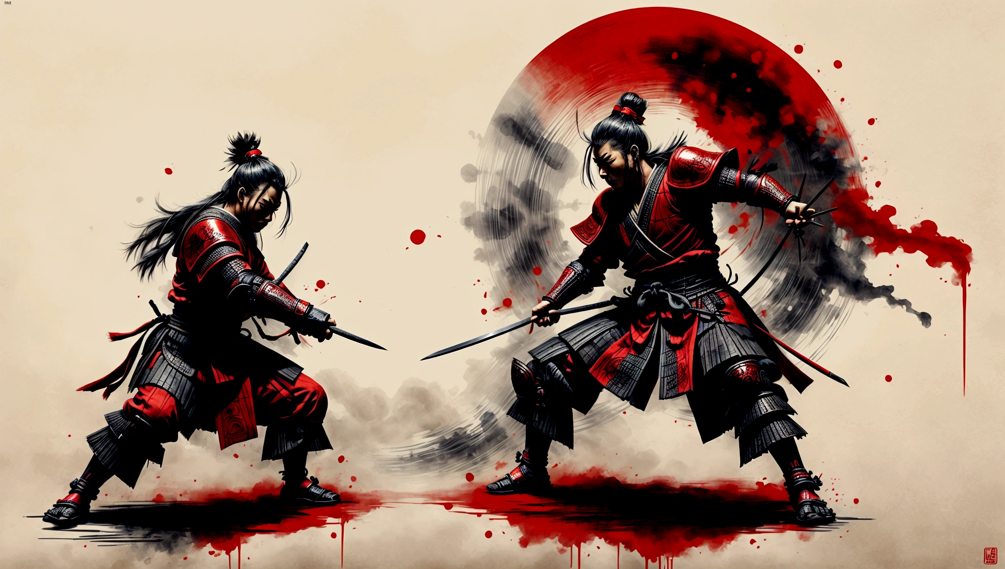 a samurai warrior wearing red and black, a Japanese-style environment, Japanese buildings, a playful combat environment, staring at the camera, misty environment with dark elements