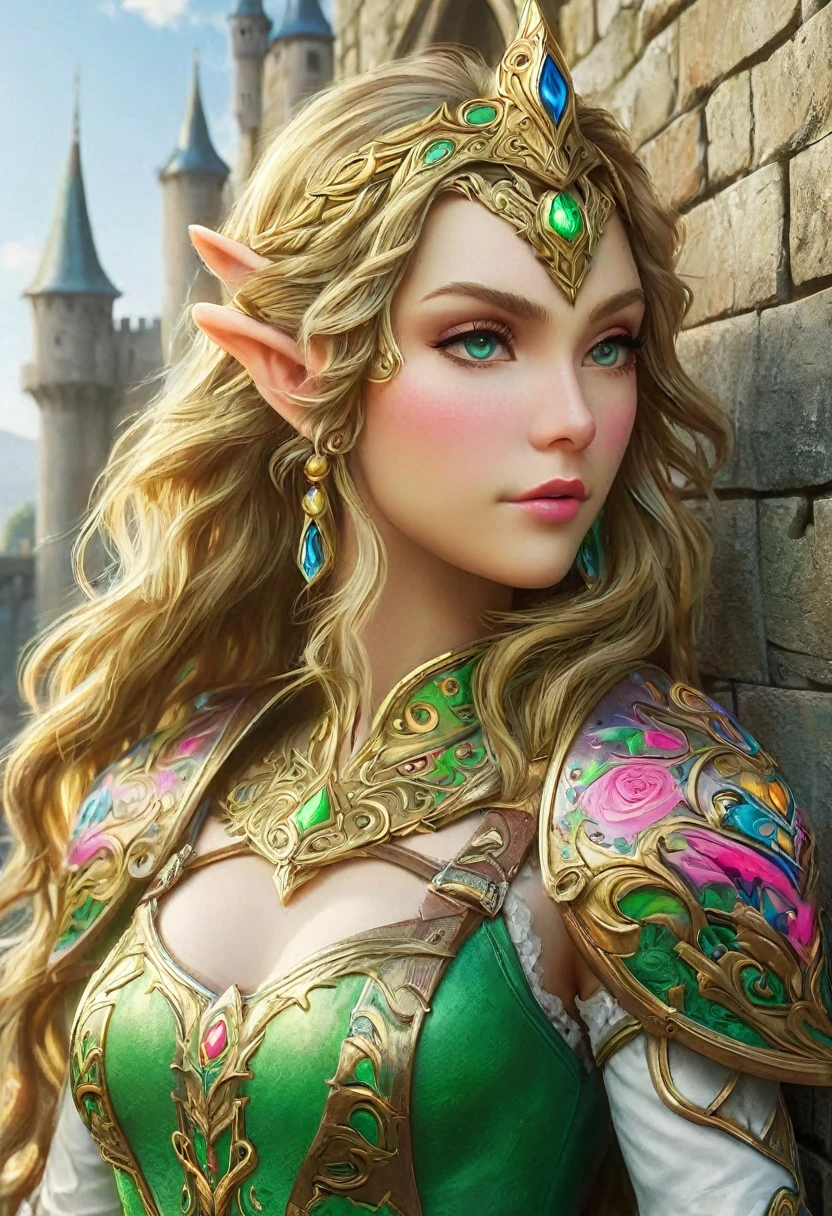 uma pintura de graffiti na parede do castelo da Princesa Zelda na parede de um castelo, ,Princess Zelda (detalhes intensos, obra de arte, melhor qualidade: 1.5), rosto ultra detalhado, ultra feminine, Pele clara, beleza requintada, cabelo dourado, cabelo longo, Cabelo ondulado, pequenas orelhas pontudas, cor dinâmica dos olhos, vestindo armadura pesada verde e branca, metal brilhante, Armado com Espada Élfica, ais-graffiti, estilo de arte chumbasket