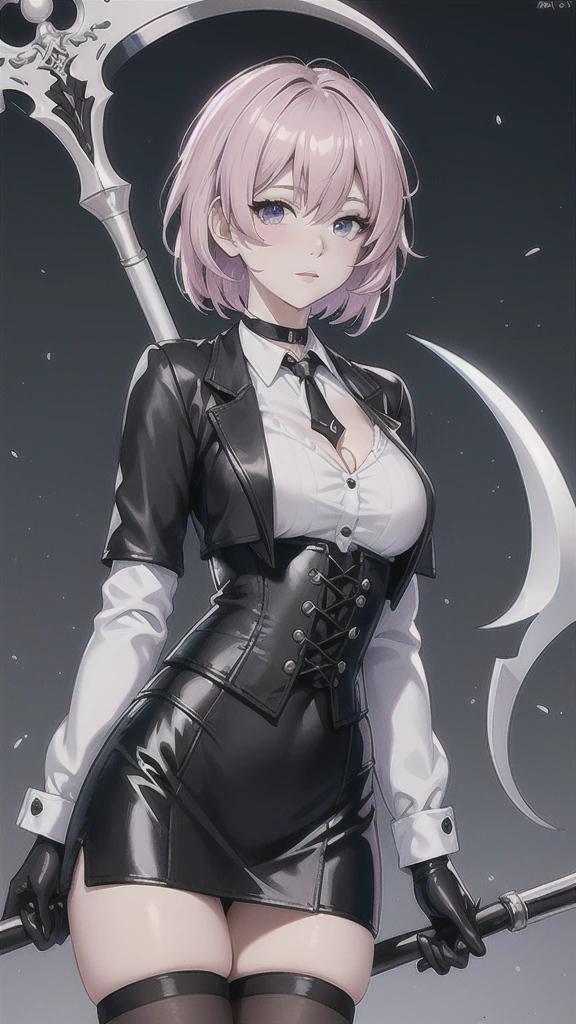 Masterpiece, Beautiful art, professional artist, 8k, Very detailed face, Detailed clothing, detailed fabric, 1 girl, Soul Fullness \(Honkai Impact 3rd\), front view, standing, perfectly drawn body, shy expression, pale skin, beautiful face, short hair, 4k eyes, very detailed eyes, pink cheeks, choker:1.6, (white long sleeve button down shirt with white collar), black gloves, gloves that cover hands, (holds a scythe with his right hand), (black leather corset), (shiny black tight mini skirt), Sensual Lips , evening de invierno, show details in the eyes, looking at the viewer, Dark road, dark forest, evening, Atmosphere, fog