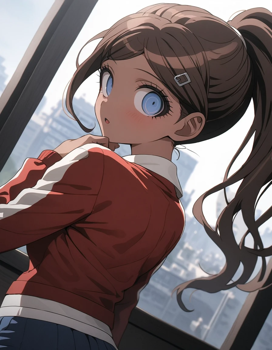 masterpiece,High resolution,8K,Detailed anatomy (17-year-old girl,Danganronpa,Aoi Asahina,Brown skin,Brown Hair,ponytail,Barrette,Big blue eyes,Glamour blue shorts,White tank top,red open jacket,Long sleeve）