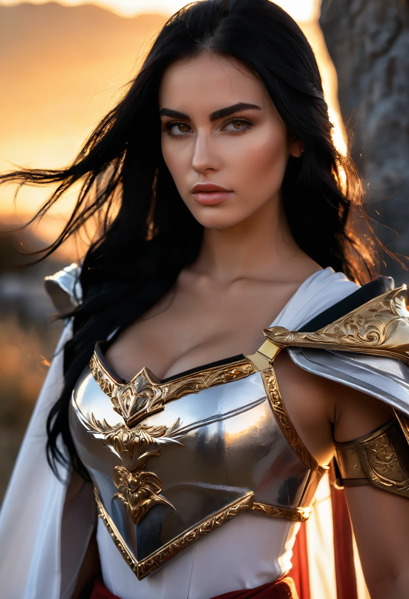 Very beautiful young woman, Subtle makeup, Golden Hour, Realistic, High Contrast, 8k hd, detailed, hyper-detailed, Realistic skin texture, Long black hair, Large Breasts, Highest quality, Ultra-high resolution, RAW Photos, Dramatic lighting, Unreal Engine, Diffused glow complex silver airbag, White Emperor's Cape, gun, sword, Rudderless