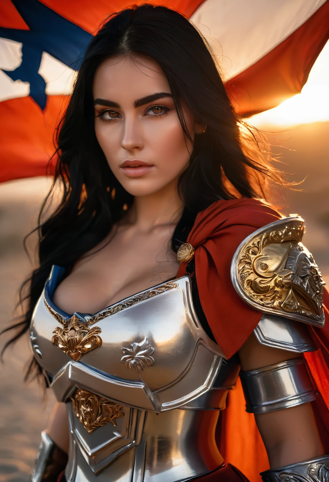 Very beautiful young woman, Subtle makeup, Golden Hour, Realistic, High Contrast, 8k hd, detailed, hyper-detailed, Realistic skin texture, Long black hair, Large Breasts, Highest quality, Ultra-high resolution, RAW Photos, Dramatic lighting, Unreal Engine, Diffused glow complex silver airbag, White Emperor's Cape, gun, sword, Rudderless