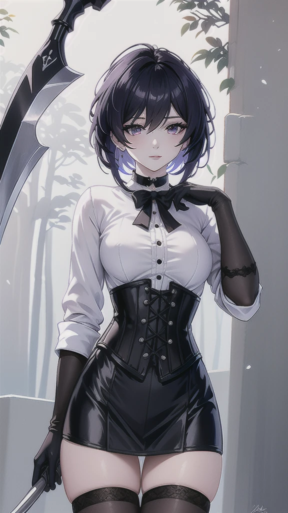 Masterpiece, Beautiful art, professional artist, 8k, Very detailed face, Detailed clothing, detailed fabric, 1 girl, Soul Fullness \(Honkai Impact 3rd\), front view, standing, perfectly drawn body, shy expression, pale skin, beautiful face, short dark blue hair, 4k eyes, very detailed eyes, pink cheeks, choker:1.6, (white long sleeve button down shirt with white collar), black gloves, gloves that cover hands, (holds a scythe with his right hand), (black leather corset), (shiny black tight mini skirt), Sensual Lips , evening de invierno, show details in the eyes, looking at the viewer, Dark road, dark forest, evening, Atmosphere, fog