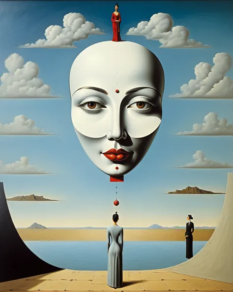 Lao Tzu, woman - surreal style, surreal artwork, dreamlike, Salvador Dali style, René Magritte style, highly detailed, artwork, ...