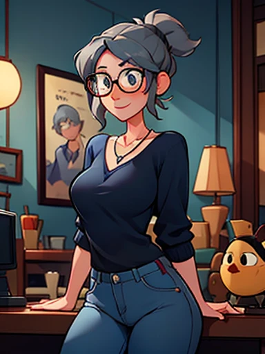 Tia Cass Hamada de Big Hero 6, suéter azul decotado, jeans, colar, expressão amigável, constituição alta e esbelta, cabelos grisalhos em um rabo de cavalo, copos 