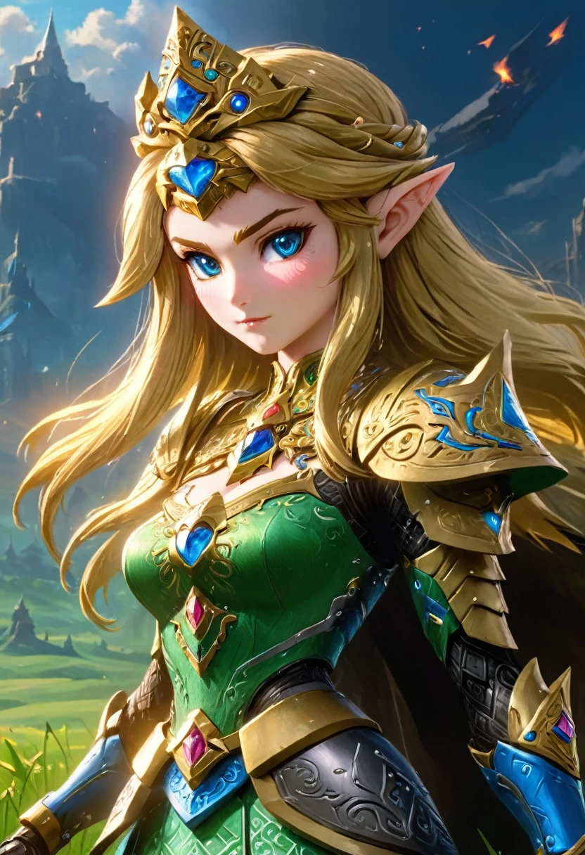 high details, best quality, 16k, [ultra detailed], masterpiece, best quality, (extremely detailed), full body, ultra wide shot, photorealistic, , fantasy art, dnd art, rpg art, realistic art, a wide angle, (((anatomically correct))) a wallpaper of an Princess Zelda, ready for battle with her mount (intense details, Masterpiece, best quality: 1.5),Princess Zelda (intense details, Masterpiece, best quality: 1.5), ultra detailed face, ultra feminine, fair skin, exquisite beauty, gold hair, long hair, wavy hair, small pointed ears, dynamic eyes color, wearing heavy mech armor, shinning metal, armed with elven sword, green meadows, blue skies background and some clouds background depth of field (intricate details, Masterpiece, best quality: 1.5), full body (intricate details, Masterpiece, best quality: 1.5), high details, best quality, highres, ultra wide angle, Mechanical Creatures