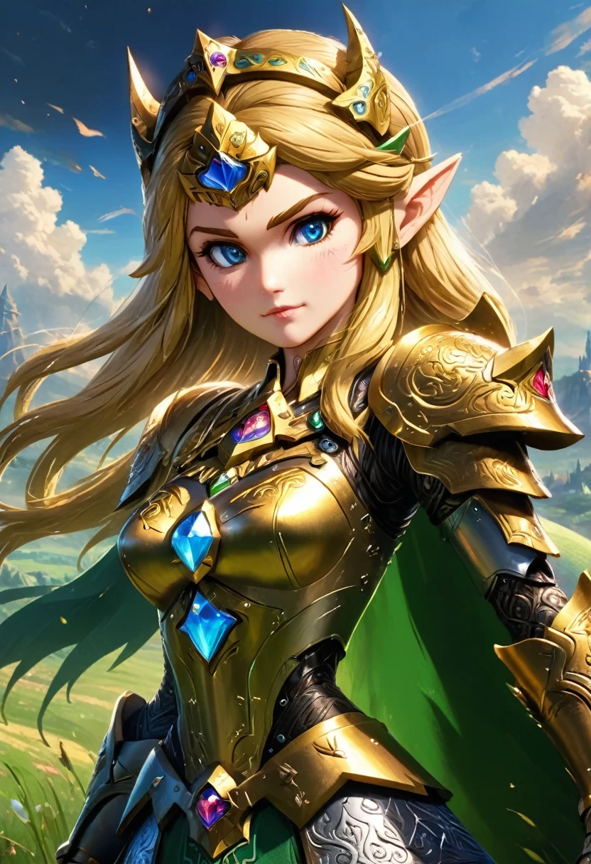 high details, best quality, 16k, [ultra detailed], masterpiece, best quality, (extremely detailed), full body, ultra wide shot, photorealistic, , fantasy art, dnd art, rpg art, realistic art, a wide angle, (((anatomically correct))) a wallpaper of an Princess Zelda, ready for battle with her mount (intense details, Masterpiece, best quality: 1.5),Princess Zelda (intense details, Masterpiece, best quality: 1.5), ultra detailed face, ultra feminine, fair skin, exquisite beauty, gold hair, long hair, wavy hair, small pointed ears, dynamic eyes color, wearing heavy mech armor, shinning metal, armed with elven sword, green meadows, blue skies background and some clouds background depth of field (intricate details, Masterpiece, best quality: 1.5), full body (intricate details, Masterpiece, best quality: 1.5), high details, best quality, highres, ultra wide angle, Mechanical Creatures