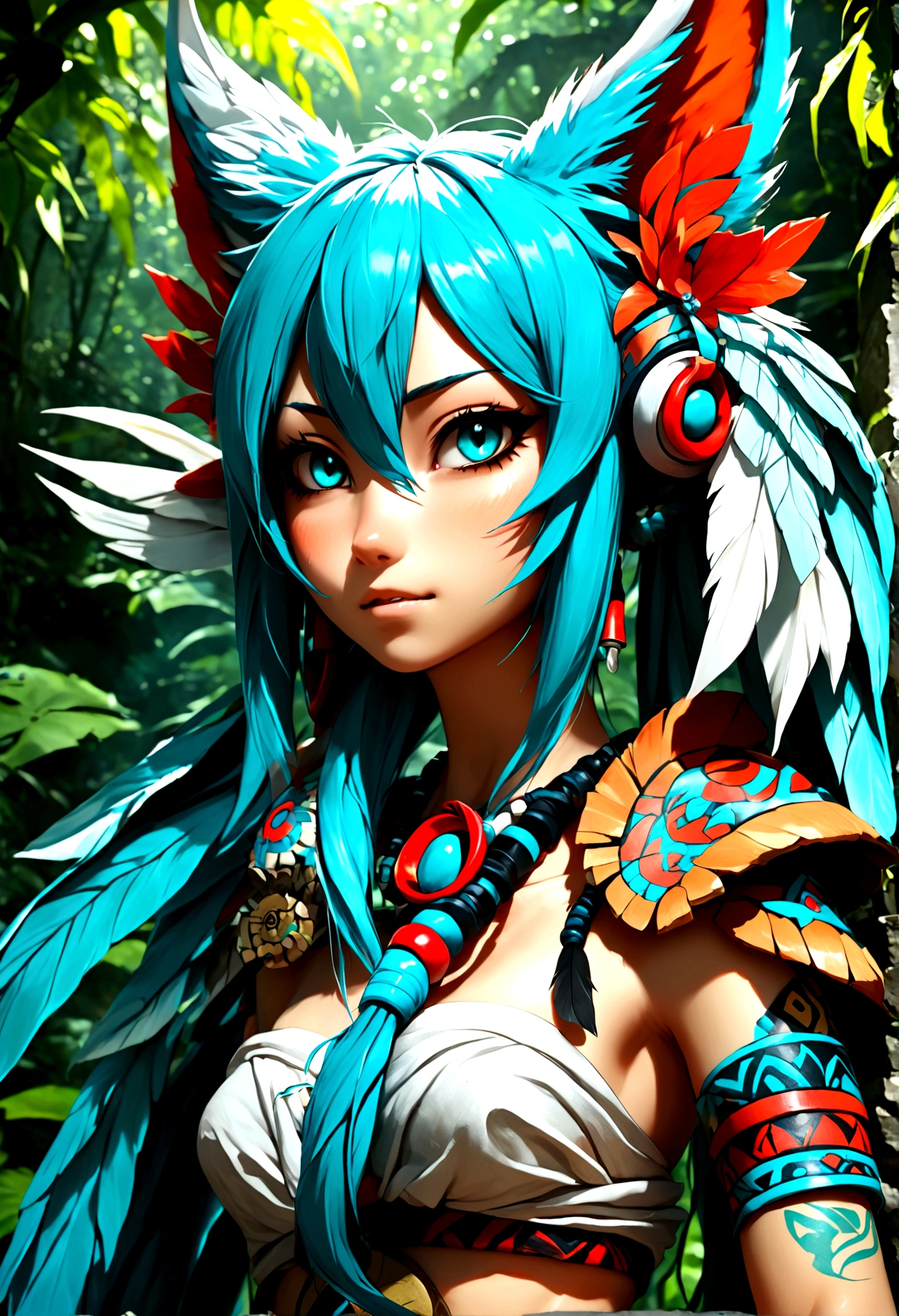 Miku Hatsune, añadir alta definición añadir_detalle:1, pelaje azul,Orejas de Kitsune, tatuaje tribal agregar_detalle:1, En unas ruinas en la jungla, descalzo, Añadir disfraz tribal_detalles:1, Alas gigantes de plumas de aguamarina agregadas_detallesl:1 ,alas hermosas la mejor calidad y detalle en las plumas, añadir luz de saturación azul_detallesl , guerrero tribal añadir_detallesl:1