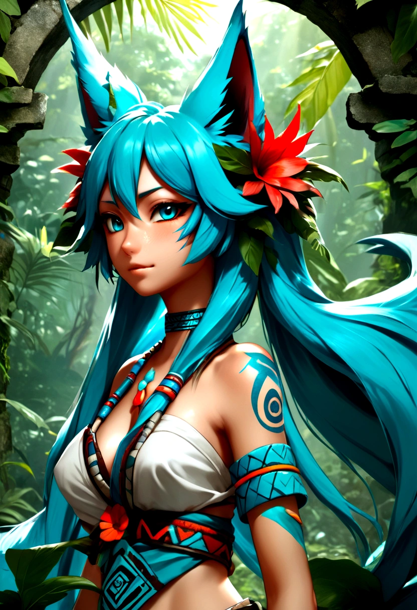 miku hatsune, ajouter la haute définition ajouter_détail:1, fourrure bleue,oreilles de kitsune, tatouage tribal ajouter_détail:1, dans des ruines dans la jungle, pieds nus, costume tribal ajouter_détails:1, ailes géantes en plumes d&#39;eau ajouter_détailsl:1 ,alas hermosas la mejor calidad y détail en las plumas, ajouter une lumière de saturation bleue_détailsl , guerrier tribal ajouter_détailsl:1