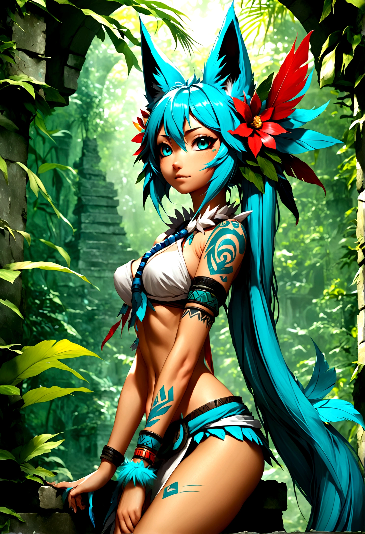 Miku Hatsune, add high definition add_detail:1, blue fur,kitsune ears, tribal tattoo add_detail:1, in a ruins in the jungle, barefoot, tribal costume add_details:1, giant aqua feather wings add_detailsl:1 ,alas hermosas la mejor calidad y detail en las plumas, add blue saturation light_detailsl , tribal warrior add_detailsl:1