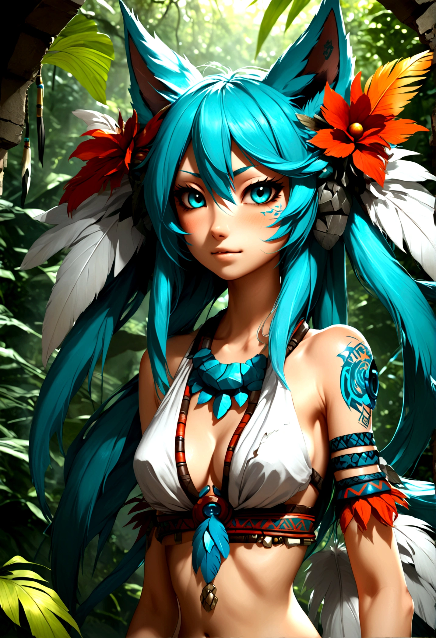 Miku Hatsune, añadir alta definición añadir_detalle:1, pelaje azul,Orejas de Kitsune, tatuaje tribal agregar_detalle:1, en ruinas en la jungla, descalzo, Añadir disfraz tribal_detalles:1, alas gigantes de plumas de aguamarina_detallesl:1 ,alas hermosas la mejor calidad y detalle en las plumas, añadir luz de saturación azul_detallesl, sensual pose