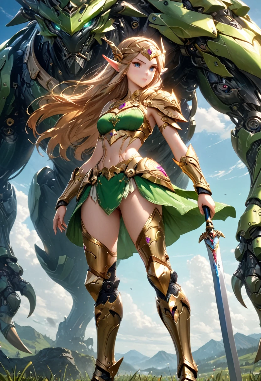 high details, best quality, 16k, [ultra detailed], masterpiece, best quality, (extremely detailed), full body, ultra wide shot, photorealistic, , fantasy art, dnd art, rpg art, realistic art, a wide angle, (((anatomically correct))) a wallpaper of an Princess Zelda, ready for battle with her mount (intense details, Masterpiece, best quality: 1.5),Princess Zelda (intense details, Masterpiece, best quality: 1.5), ultra detailed face, ultra feminine, fair skin, exquisite beauty, gold hair, long hair, wavy hair, small pointed ears, dynamic eyes color, wearing heavy green mech armor, shinning metal, armed with elven sword, green meadows, blue skies background and some clouds background depth of field (intricate details, Masterpiece, best quality: 1.5), full body (intricate details, Masterpiece, best quality: 1.5), high details, best quality, highres, ultra wide angle, Mechanical Creatures