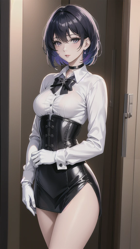 Masterpiece, Beautiful art, professional artist, 8k, Very detailed face, Detailed clothing, detailed fabric, 1 girl, Soul Fullness \(Honkai Impact 3rd\), front view, standing, perfectly drawn body, shy expression, pale skin, beautiful face, short dark blue hair, 4k eyes, very detailed eyes, pink cheeks, choker:1.6, (white long sleeve button down shirt with white collar), black gloves, gloves that cover hands, (black leather corset), (shiny black tight mini skirt), Sensual Lips, show details in the eyes, looking at the viewer, elegant room, at night