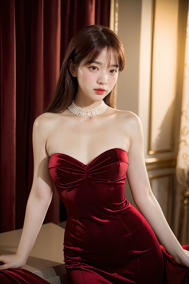 클래식 할리우드 글래머.., A in a 아름다운 red evening gown, 놀라운 액세서리, (매력적인 눈, 붉은 입술, 아름다운, ผิว아름다운ไร้ที่ติ), 고급스러운 배경, 벨벳 커튼, 놀라운 몸짓, 흥미로운 구성, 스포트라이트 조명, 풍부한 그림자, 얕은 피사계 심도, 반짝이는 보케, 절묘한 디테일, 높은 해상도, 35mm 필름, 시대를 초월한 우아함. 인물 사진, 35mm 필름, 자연스럽게 흐려짐, 