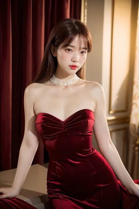 Classic Hollywood glamour.., A in a beautiful red evening gown, Amazing accessories, (Attractive eyes, red lips, beautiful, ผิวb...