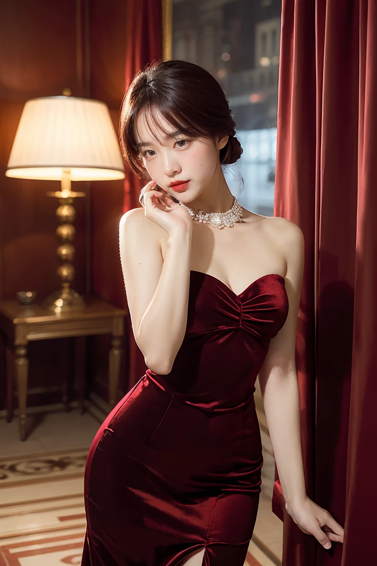 经典好莱坞魅力.., A in a 美丽的 red evening gown, 令人惊叹的配饰, (迷人的眼睛, 红唇, 美丽的, ผิว美丽的ไร้ที่ติ), 豪华背景, 天鹅绒窗帘, 惊人的姿态, 有趣的构图, 聚光灯照明, 丰富的阴影, 浅景深, 闪亮散景, 精致细节, 高分辨率, 35 毫米胶片, 永恒的优雅. 肖像摄影, 35 毫米胶片, 自然模糊, 