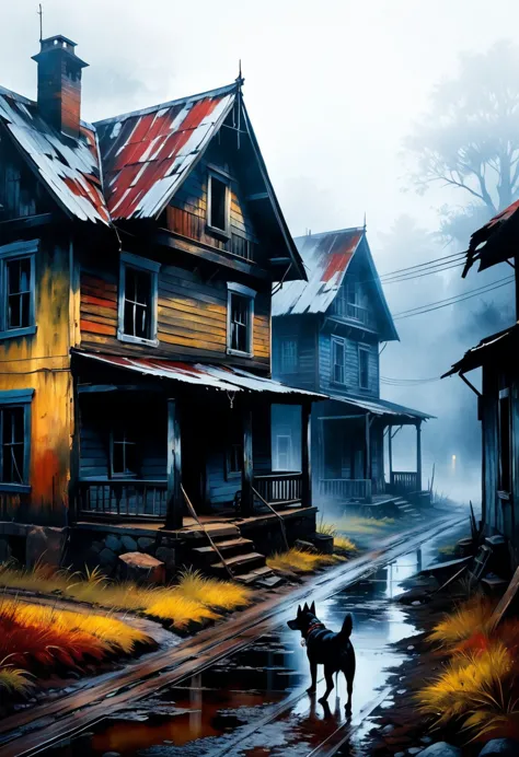 Colorful oil painting. Old dilapidated houses. Very beautiful, gouache, Cinematic, dark, Nasty, mysterious, modern vintage, rich...