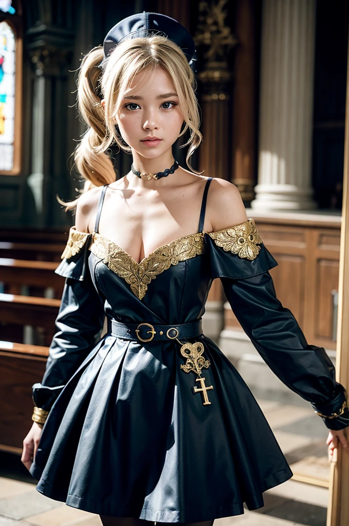 A young girl in realistic portrait of high quality and detail, movie style, Barbara (Genshin Impact), a young girl of petite build with ash-blond hair gathered in two ponytails and blue eyes. She is dressed in a white off-the-shoulder dress decorated with gold embroidery and a dark blue petticoat with the same color lapels on the sleeves. The bodice of the dress is decorated with a sea-green bow. The outfit is complemented by white tights, white shoes with black lacing, blue ruffles and a black block heel and a separate collar. On her head she wears a white and blue cap with a gold cross, similar to a nurse's headdress. Barbara also carries a spell book with a blue cover, decorated with gold and a cross keychain. She attaches it to a black leather sling with a gold buckle. light and peaceful atmosphere, glow, eye shadow, 1girl, fantasy, Depth & Perspective, smiling on her face, Mystical powers, fine face, She stands in the middle of the church hall, indoors, The cathedral of the 16th century in the background, sunlight from stained glass windows, looking at viewer, (ultra-high detail:1.2), Masterpiece, Best Quality, Ultra-detailed, Cinematic lighting, 8K, delicate features, cinematic, 35 mm lens, f/1.9, highlight lighting, global lighting –uplight –v 4, cinematic, intense gaze, Cinematic lighting, 8K, high quality, Highest Quality, (Solo Focus), (extremly intricate:1.3), (Realistic), dramatic, masterful, Analog style, (Film grain:1.5), (warm hue, cold tone), 