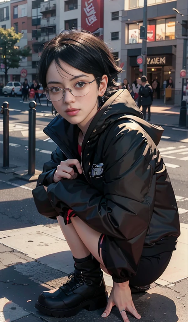 Sarada Uchiha mit Brille und schwarzer Jacke hockt auf einer Stufe., Art not Guweiz style, realistischer 3D-Anime-Stil, Guweiz, Das Anime-Mädchen hockt, Realistischer 3D-Anime, fotorealistische Darstellung von Anime-Mädchen, Hochwertiges Porträt, Anime-Realismus-Stil,  Anime im wirklichen Leben, alena aenami and artgerm